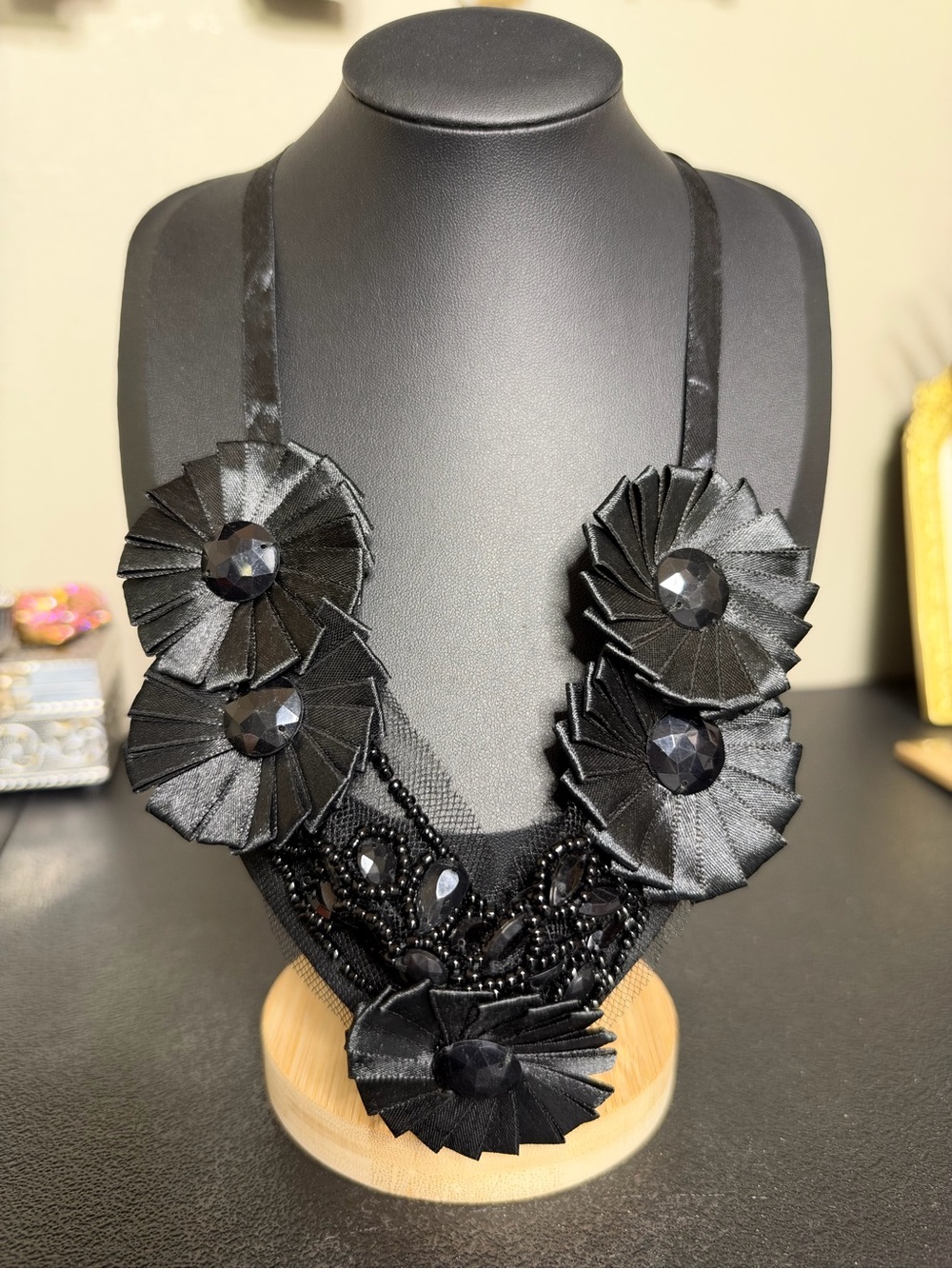 Elegant Satin Net Whimsy Goth Emo Black Floral Statement Necklace